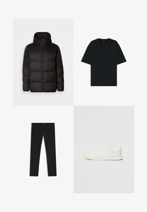 La doudoune noire est dotée d'une fermeture éclair, d'une capuche, de sections matelassées et de poignets élastiques, fabriquée à partir d'un matériau lisse et résistant à l'eau.; T-shirt en coton noir à col rond et à manches courtes. Présente une coupe ample et un design simple sans motifs ni accents.; Pantalon noir en tissu à texture lisse. Dispose d'une fermeture à bouton, de passants de ceinture et de poches latérales. Conception standard à jambe droite.; Sneaker blanche avec une tige en mesh et en synthétique, bout rond, lacets plats et une bande latérale texturée. Semelle en caoutchouc avec une languette à l'arrière.