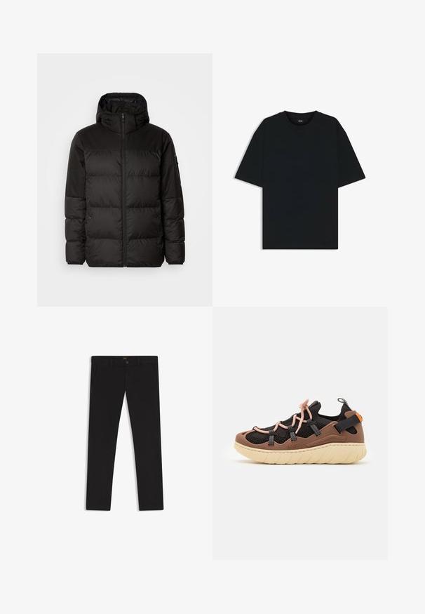 Schwarze Pufferjacke mit Reißverschluss, Kapuze, gesteppten Abschnitten und elastischen Bündchen, hergestellt aus einem glatten, wasserabweisenden Material.; Schwarzes Baumwoll-T-Shirt mit rundem Halsausschnitt und kurzen Ärmeln. Verfügt über einen lockeren Schnitt und ein schlichtes Design ohne Muster oder Akzente.; Schwarze Hosen aus einem Stoff mit glatter текстуре. Verfügt über einen Knopfverschluss, Gürtelschlaufen und Seitentaschen. Klassisches Design mit geradem Bein.; HUGO REEFLYN - Sneaker low - open brown