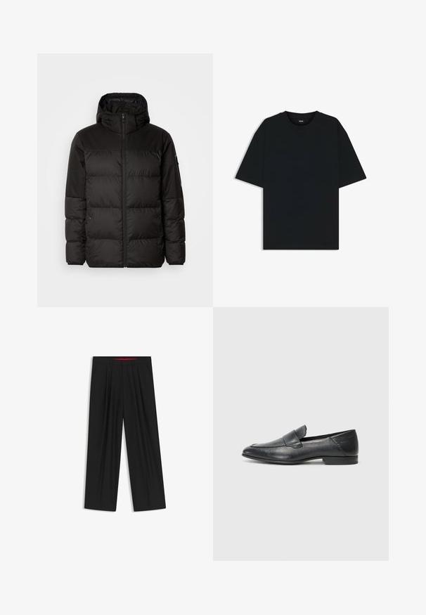 Musta puhvijakku sisältää vetoketjun, hupun, tilkuista koostuvia osioita ja joustavat hihansuut. Se on valmistettu sileästä, vedenpitävästä materiaalista.; Musta puuvillainen t-paita, jossa on pyöreä kaula-aukko ja lyhyet hihat. Ominaisuuksiin kuuluu löysä istuvuus ja yksinkertainen muotoilu ilman kuvioita tai yksityiskohtia.; Musta leveälahkeinen housu, jossa on litteä etuosa, kaksi sivupistettä, laskostettu muotoilu ja kontrastivärinen punainen vyötärön sisäosa.; Musta nahkainen loafer-kenkä, jossa on sileä pinta, matala korko ja liukuva malli, jossa on kohotettu sauma edessä.