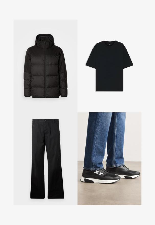 Black puffer jacket features a zip closure, a hood, quilted sections, and elastic cuffs, made from a smooth, water-resistant material.; Black cotton t-shirt with a round neckline and short sleeves. Features a loose fit and a simple design without patterns or accents.; Black, cotton, straight-leg pants with a button closure. Features side pockets and minimalistic design without any visible patterns or accents.; Black athletic shoes with textured leather and mesh upper, featuring a white midsole and side accents. Worn with blue denim jeans.