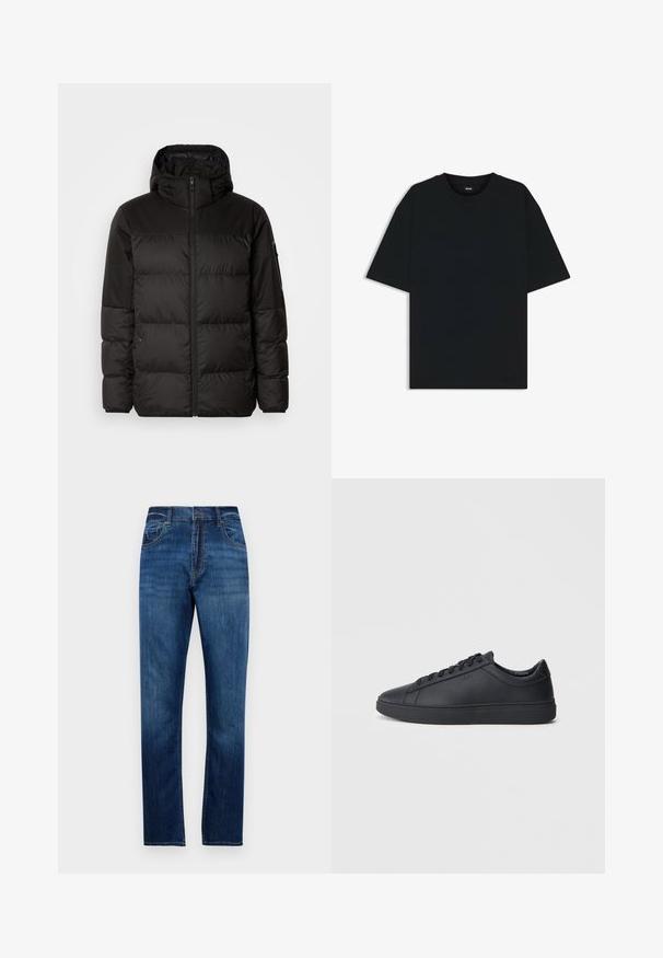 Czarna kurtka puchowa z zapięciem na zamek, kapturem, pikowanymi sekcjami i elastycznymi mankietami, wykonana z gładkiego, wodoodpornego materiału.; Czarny bawełniany t-shirt z okrągłym dekoltem i krótkimi rękawami. Charakteryzuje się luźnym krojem i prostym designem, bez wzorów czy akcentów.; Niebieskie dżinsy o prostym kroju z pięcioma kieszeniami, szlufkami na pasek i zapięciem na guzik, wyeksponowane na jednolitym białym tle.; Czarne trampki wykonane z gładkiej skóry, w niskim kroju, z okrągłym noskiem i płaską gumową podeszwą. Posiadają sznurówki oraz dyskretną markę.