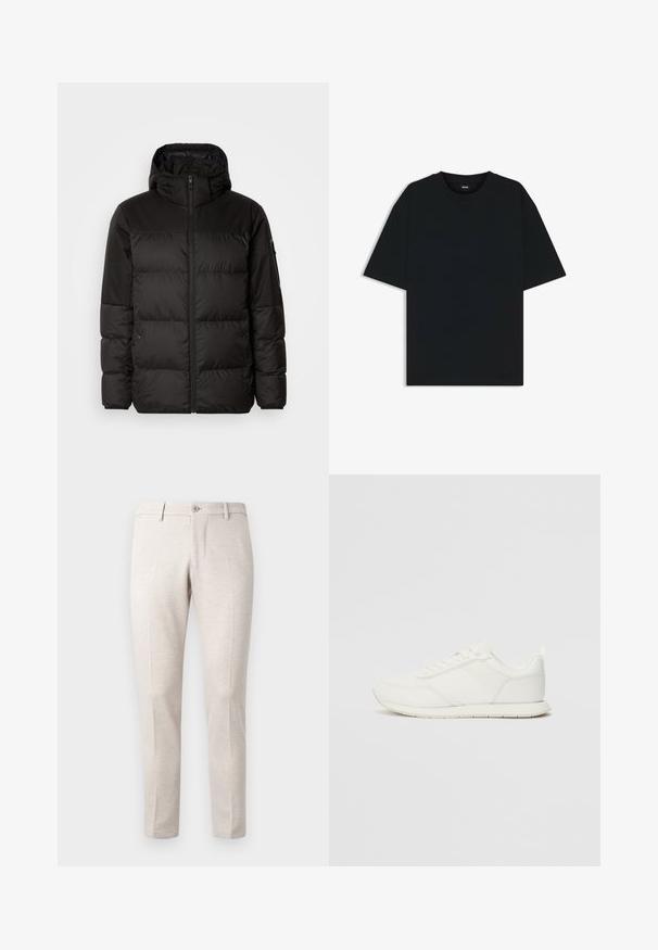 La chaqueta acolchada negra tiene un cierre de cremallera, capucha, secciones acolchadas y puños elásticos, hecha de un material suave y resistente al agua.; Camiseta de algodón negra con cuello redondo y mangas cortas. Presenta un corte holgado y un diseño sencillo sin patrones ni acentos.; Pantalones beis claros, hechos de una tela suave, con cierre de botón, dos pinzas frontales y un diseño de pierna recta.; Zapatilla blanca con parte superior de malla y sintético, puntera redonda, cordones planos y una franja lateral texturizada. Suela de goma con un tirador en la parte posterior.