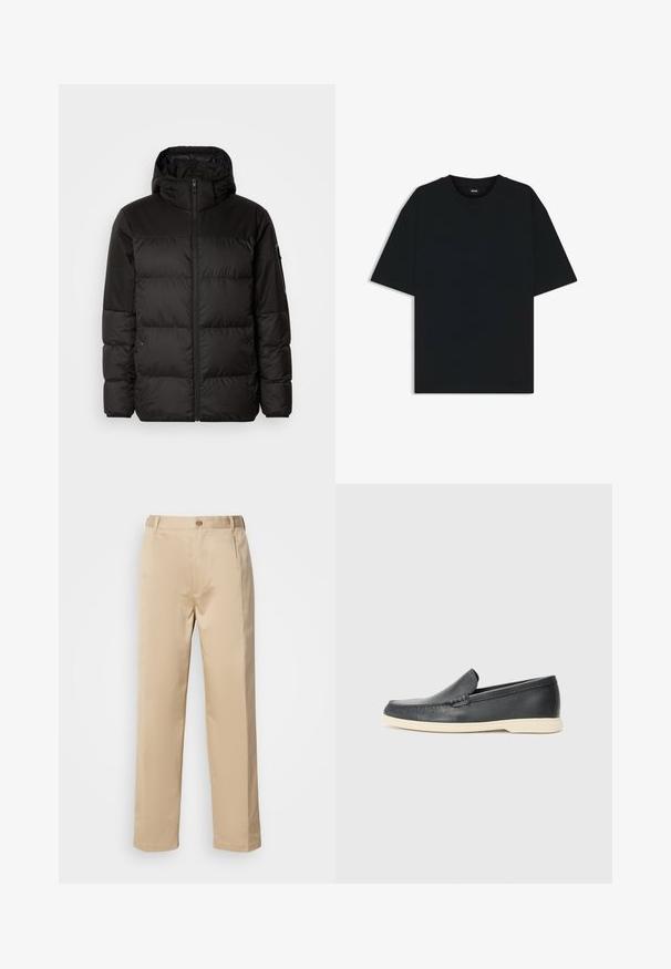 Czarna kurtka puchowa z zapięciem na zamek, kapturem, pikowanymi sekcjami i elastycznymi mankietami, wykonana z gładkiego, wodoodpornego materiału.; Czarny bawełniany t-shirt z okrągłym dekoltem i krótkimi rękawami. Charakteryzuje się luźnym krojem i prostym designem, bez wzorów czy akcentów.; Beżowe spodnie wykonane z lekkiego materiału, z prostą nogawką, paskiem w pasie z szlufkami oraz pojedynczym zapięciem na guzik z przodu.; Czarne skórzane slip-ony w stylu loafers z teksturowanym wykończeniem i kontrastującą beżową gumową podeszwą. Posiadają delikatny akcent wzdłuż przodu.