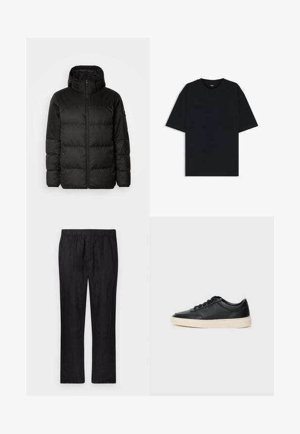 Sort pufferjakke med lynlås, hætte, quiltede sektioner og elastiske manchetter, lavet af et glat, vandafvisende materiale.; Sort bomuld t-shirt med rund halsudskæring og korte ærmer. Har en løs pasform og et enkelt design uden mønstre eller accenter.; Sorte linnedbukser med elastisk talje og lige ben. Letvægtsstof med en glat tekstur, uden synlige mønstre eller detaljer.; Sort lavt top lædersneaker med sorte snørebånd og off-white sål vist i sideprofil på hvid baggrund.