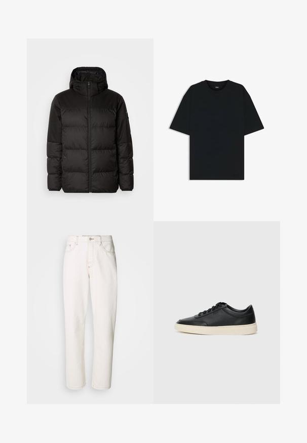 Black puffer jacket features a zip closure, a hood, quilted sections, and elastic cuffs, made from a smooth, water-resistant material.; Black cotton t-shirt with a round neckline and short sleeves. Features a loose fit and a simple design without patterns or accents.; White denim jeans with a straight leg design, featuring stitched seams, a metal button closure, and standard five-pocket construction.; Black low-top leather sneaker with black laces and off-white sole shown in side profile on white background.