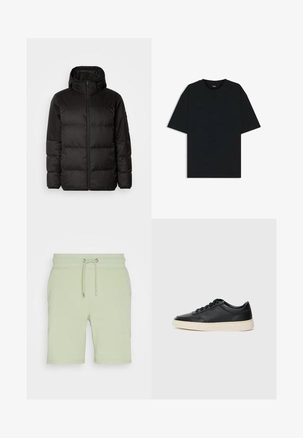 Black puffer jacket features a zip closure, a hood, quilted sections, and elastic cuffs, made from a smooth, water-resistant material.; Black cotton t-shirt with a round neckline and short sleeves. Features a loose fit and a simple design without patterns or accents.; GANT REG SHIELD - Tracksuit bottoms - milky matcha; Black low-top leather sneaker with black laces and off-white sole shown in side profile on white background.