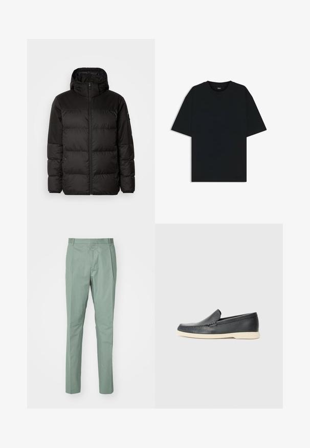 La chaqueta acolchada negra tiene un cierre de cremallera, capucha, secciones acolchadas y puños elásticos, hecha de un material suave y resistente al agua.; Camiseta de algodón negra con cuello redondo y mangas cortas. Presenta un corte holgado y un diseño sencillo sin patrones ni acentos.; Pantalones verde claro con corte recto, con una parte delantera plana, dos bolsillos laterales y una textura de tela suave. Sin patrones visibles ni herrajes.; Mocasines de piel negra sin cordones con un acabado texturizado y una suela de goma beige en contraste. Presentan un sutil acento en la parte frontal.