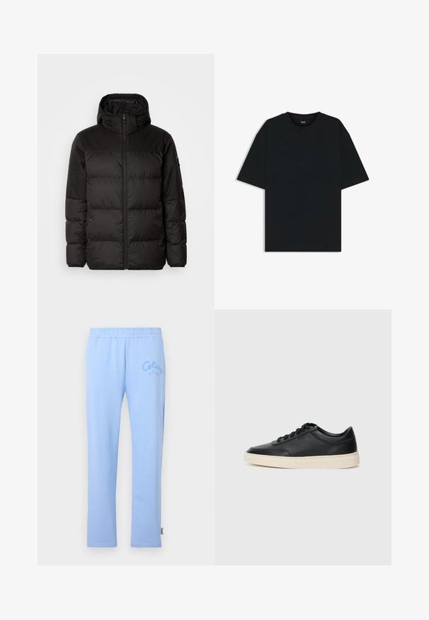 Zwarte pufferjas met ritsluiting, een capuchon, gequiltte secties en elastische manchetten, gemaakt van een glad, waterafstotend materiaal.; Zwarte katoenen T-shirt met een ronde hals en korte mouwen. Heeft een losse pasvorm en een eenvoudig ontwerp zonder patronen of accenten.; Lichtblauwe katoenen sweatpants met elastische tailleband. Bevat geborduurd 'Colucci' logo aan de linkerkant en heeft een rechte pijpdesign.; Zwarte leren sneaker met lage schacht, zwarte veters en off-white zool, weergegeven in zijprofiel op een witte achtergrond.