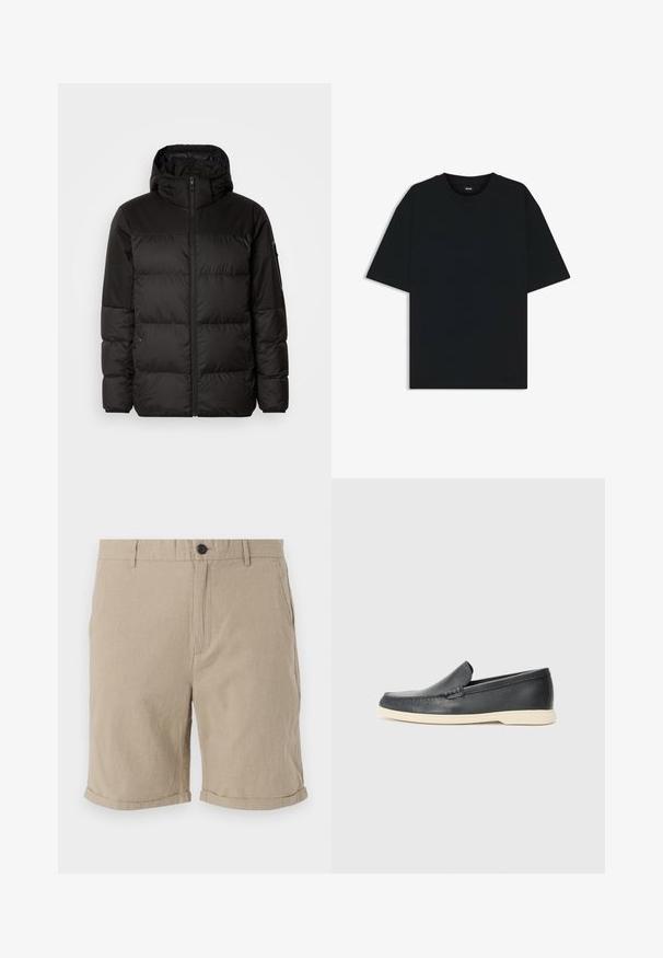 La doudoune noire est dotée d'une fermeture éclair, d'une capuche, de sections matelassées et de poignets élastiques, fabriquée à partir d'un matériau lisse et résistant à l'eau.; T-shirt en coton noir à col rond et à manches courtes. Présente une coupe ample et un design simple sans motifs ni accents.; Shorts en lin beiges avec fermeture à bouton, devant plat, poches latérales et ourlets roulés, présentant un tissu texturé pour la respirabilité.; Mocassins noirs en cuir à enfiler avec une finition texturée et une semelle en caoutchouc beige contrastante. Présente un accent subtil sur le devant.