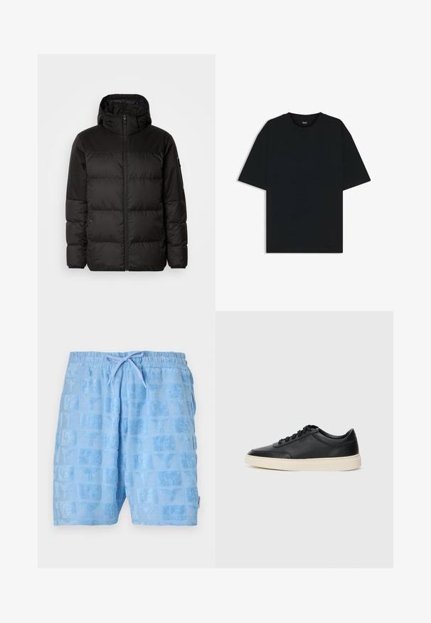 Black puffer jacket features a zip closure, a hood, quilted sections, and elastic cuffs, made from a smooth, water-resistant material.; Black cotton t-shirt with a round neckline and short sleeves. Features a loose fit and a simple design without patterns or accents.; Light blue shorts made of textured fabric with a pattern of squares featuring raised designs. Elastic waistband with a drawstring.; Black low-top leather sneaker with black laces and off-white sole shown in side profile on white background.