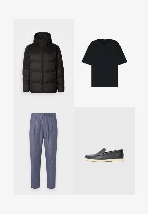 Black puffer jacket features a zip closure, a hood, quilted sections, and elastic cuffs, made from a smooth, water-resistant material.; Black cotton t-shirt with a round neckline and short sleeves. Features a loose fit and a simple design without patterns or accents.; Blue woven trousers with a tailored fit, featuring front pleats, a button closure, and a smooth texture. Cropped length with straight legs.; Black leather slip-on loafers with a textured finish and a contrasting beige rubber sole. Features a subtle accent along the front.