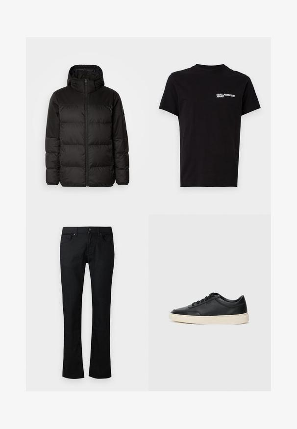 Czarna kurtka puchowa z zapięciem na zamek, kapturem, pikowanymi sekcjami i elastycznymi mankietami, wykonana z gładkiego, wodoodpornego materiału.; Czarna koszulka wykonana z bawełny, z okrągłym dekoltem i krótkimi rękawami. Wyjątkowy biały tekst logo na lewej części klatki piersiowej. Prosty design.; Czarne jeansy o prostym kroju z kieszeniami przednimi i na monety, szlufkami na pasek oraz zapięciem na guzik i zamek.; Czarne niskie skórzane sneakersy z czarnymi sznurówkami i off-white podeszwą, prezentowane w profilu bocznym na białym tle.