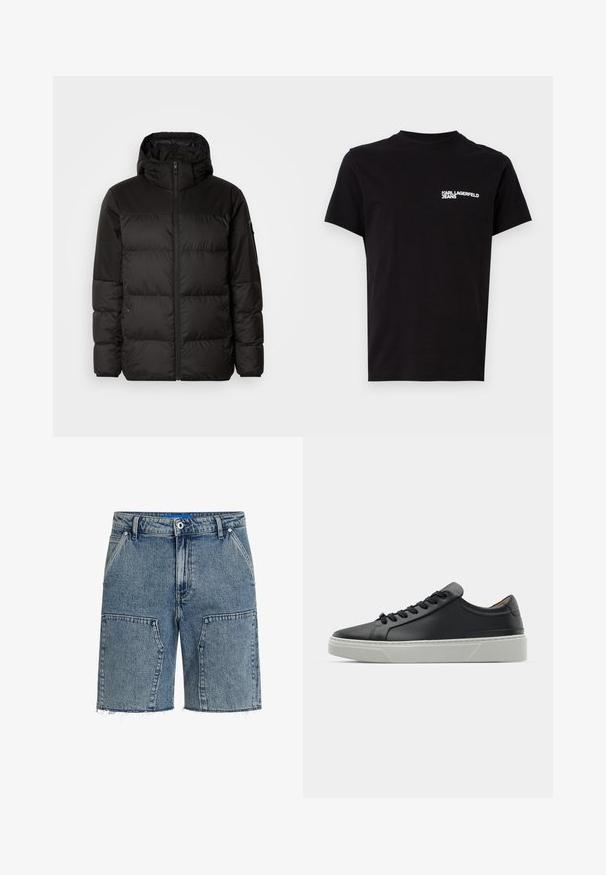 Black puffer jacket features a zip closure, a hood, quilted sections, and elastic cuffs, made from a smooth, water-resistant material.; Black t-shirt made of cotton, featuring a crew neck and short sleeves. Notable white logo text on the left chest area. Simple design.; Denim shorts in light blue, featuring a relaxed fit, frayed hem, and large front pockets. Made of textured denim fabric.; Black leather sneaker with a smooth texture, round toe, and black laces. Features a thick, white rubber sole with subtle geometric accents.