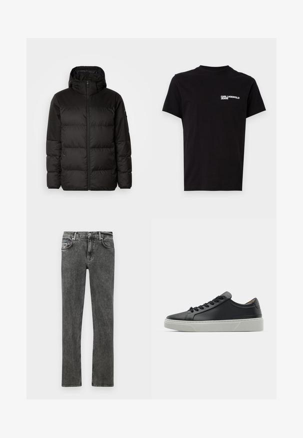 Svart puffjacka med blixtlås, huva, quiltade sektioner och elastiska mudd, tillverkad av ett slätt, vattentåligt material.; Svart t-shirt i bomull med rund halsringning och korta ärmar. Framträdande vit logotext på vänster bröstområde. Enkelt design.; Grå denimjeans med rak benmodell, som har en traditionell femficksdesign, knapplikning och subtila blekningsdetaljer.; Svart lädersneaker med en slät yta, rund tå och svarta skosnören. Har en tjock, vit gummisula med subtila geometriska accenter.