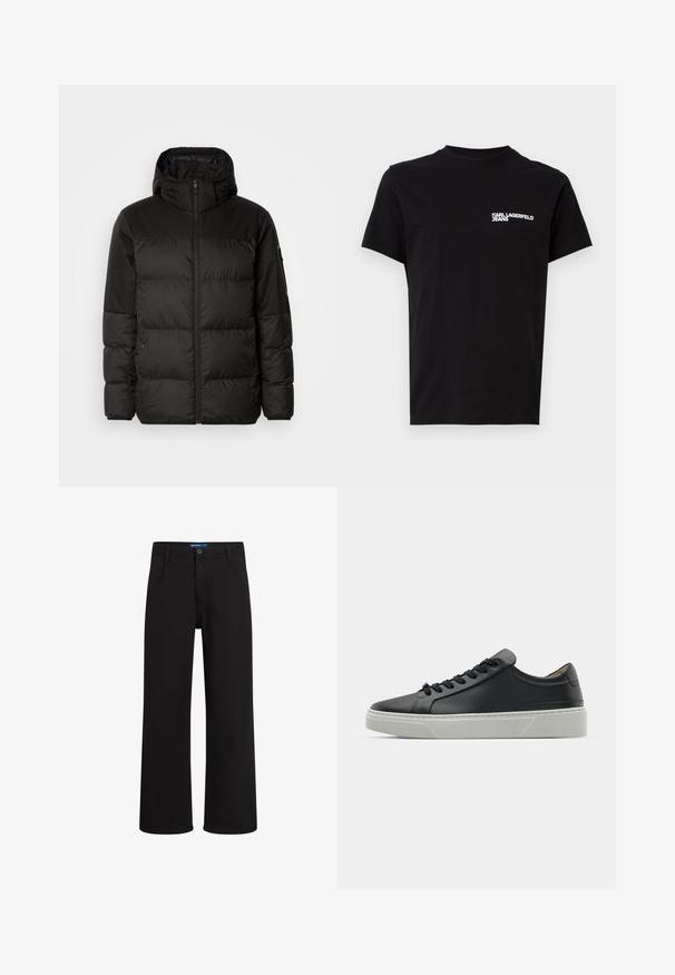 Black puffer jacket features a zip closure, a hood, quilted sections, and elastic cuffs, made from a smooth, water-resistant material.; Black t-shirt made of cotton, featuring a crew neck and short sleeves. Notable white logo text on the left chest area. Simple design.; Black straight-leg pants with button and zip closure, belt loops, and side pockets, displayed against white background.; Black leather sneaker with a smooth texture, round toe, and black laces. Features a thick, white rubber sole with subtle geometric accents.