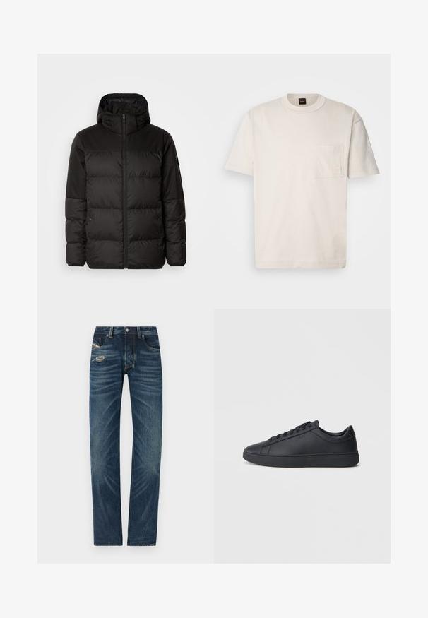 Juodas pūkinis švarkas turi užtrauktuką, gobtuvą, siūlinčius skyrius ir elastinius rankogalius, pagamintas iš lygaus, vandeniui atsparaus medžiagos.; Šviesiai smėlinis medvilninis marškinėliai su apvalia iškirpte, trumpomis rankovėmis ir kairėje krūtinės pusėje esančia kišene su subtiliu logotipo ženkliuku. Lygus paviršius.; Tamsiai mėlynos džinsinės kelnes su tiesiais sijonais, turinčios nusidėvėjimo požymį kairiajame šlaunyje ir subtilų blukimą visame audinyje.; Juodi sportbačiai, pagaminti iš lygaus odos, su žemu dizainu, apvalia nosimi ir plokščiu guminiu padu. Yra raišteliai ir subtilus ženklinimas.