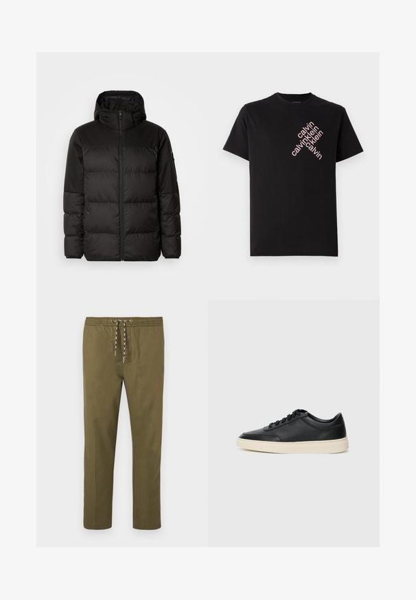 Mustikas puffer-jakk sisaldab tõmblukku, kapuutsi, tikandiga osi ja elastseid mansette, valmistatud siledast veekindlast materjalist.; Must musta T-särk, millel on ettepoole kaldus roosa "calvin klein" logo trükk. Lühikesed varrukad ja ümar kaelus.; Olivrohelised püksid elastse vöökoha ja reguleeritava nööriga. Sirge jala disain; kangas on sile ja pehme tekstuuriga.; Mustad musta nahast madal sneaker mustade nööpidega ja kreemivalge tallaga, nähtud külgprofiilis valge tausta ees.