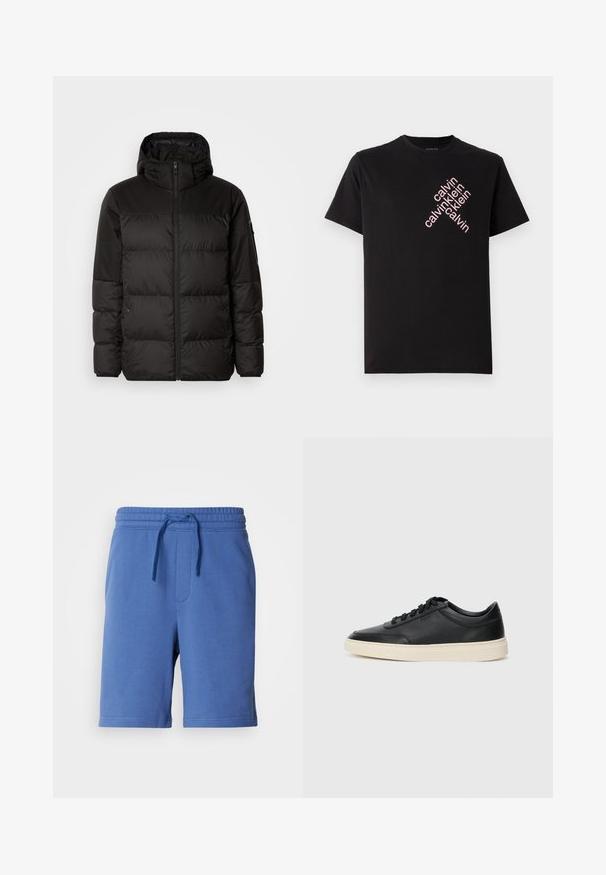 Schwarze Pufferjacke mit Reißverschluss, Kapuze, gesteppten Abschnitten und elastischen Bündchen, hergestellt aus einem glatten, wasserabweisenden Material.; Schwarzes Baumwoll-T-Shirt mit einem diagonalen pinken "calvin klein" Logo-Druck auf der Vorderseite. Kurze Ärmel und runder Ausschnitt.; Blaue Baumwollshorts mit elastischem Bund, Kordelzug und Seitentasche. Glatte Textur, knielanges Design, minimale Markenkennzeichnung.; Schwarzer niedriger Ledersneaker mit schwarzen Schnürsenkeln und cremefarbenem Sohlenrand, seitlich auf weißem Hintergrund dargestellt.