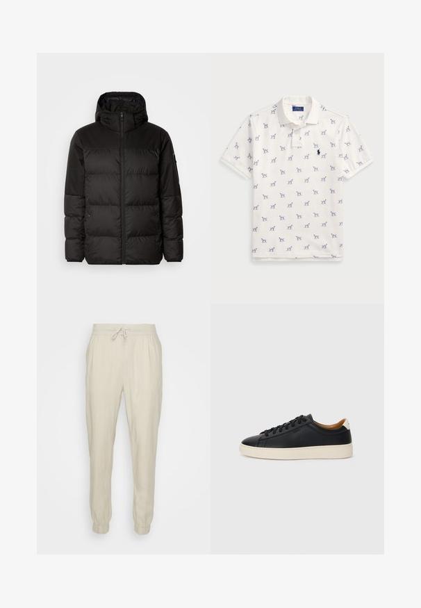Black puffer jacket features a zip closure, a hood, quilted sections, and elastic cuffs, made from a smooth, water-resistant material.; White polo shirt made of cotton, featuring a repeated blue dog pattern and a small blue logo on the chest. Short sleeves and collar.; Beige linen joggers with an elastic waistband and adjustable drawstring, featuring elastic cuffs and a relaxed fit. Smooth texture.; Black leather sneakers with a smooth texture, beige rubber sole, lace-up design, and a contrasting heel accent.