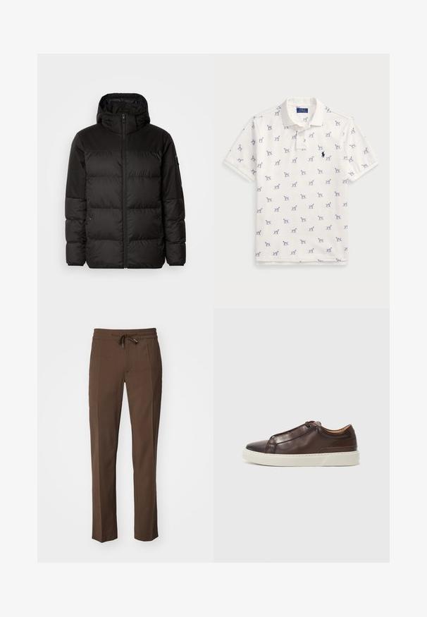 Juodas pūkinis švarkas turi užtrauktuką, gobtuvą, siūlinčius skyrius ir elastinius rankogalius, pagamintas iš lygaus, vandeniui atsparaus medžiagos.; Balta polo marškiniai, pagaminti iš medvilnės, su pasikartojančiu mėlynu šunų raštu ir mažuoju mėlynu logotipu ant krūtinės. Trumpomis rankovėmis ir apykakle.; Rudos kelnės su raišteliu liemeniu, siaurėjančiomis kojomis ir lygia tekstūra, su plokščiu priekiu ir be matomų kišenių.; Rudi odinė sportinė avalynė su apvaliu pirštu, kontrastinga balta guma pada, siūlėtais akcentais ir be matomų raištelių. Bendras paviršius lygus.