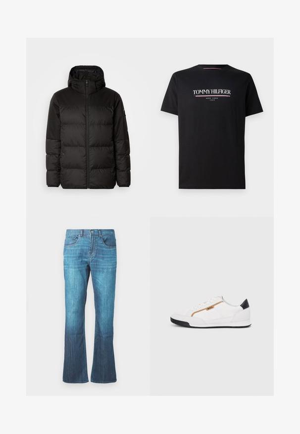 Crna puf jakna ima zatvaranje na zip, kapuljaču, kviltane dijelove i elastične manžete, izrađena je od glatkog, vodootpornog materijala.; Crna pamučna majica kratkih rukava s bijelim i obojenim logotipom "TOMMY HILFIGER" s natpisom "NEW YORK" i "1985" manjim slovima ispod. Okrugli izrez.; Traperice u srednje plavoj boji s blagim izrezom na dnu, klasičnog dizajna s pet džepova, s prednjim zatvaranjem na gumbe i patentni zatvarač.; Bijele atletske tenisice s mrežastim i kožnim detaljima. Imaju zlatni "BOSS" logo, teksturirane bočne panele i crnu kapicu na peti. Gumeni potplat.
