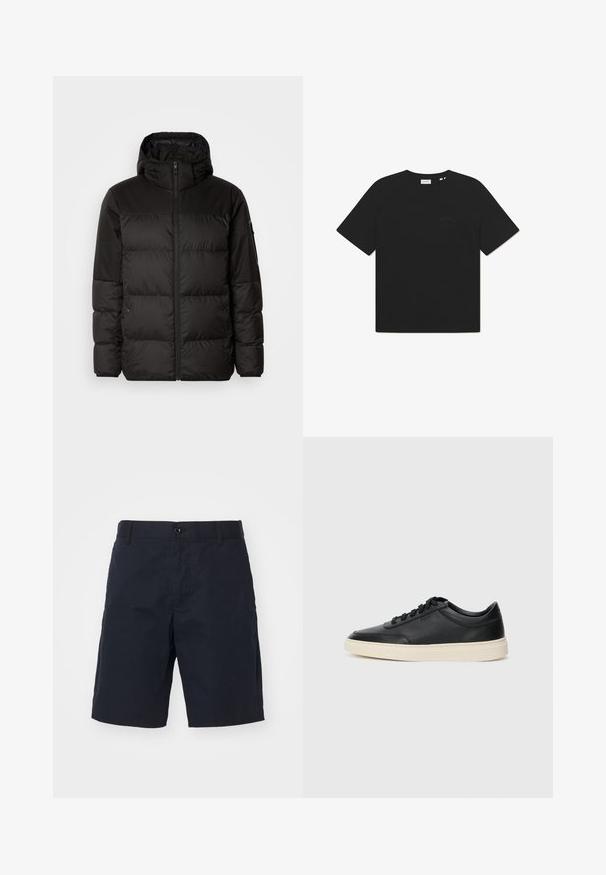 La doudoune noire est dotée d'une fermeture éclair, d'une capuche, de sections matelassées et de poignets élastiques, fabriquée à partir d'un matériau lisse et résistant à l'eau.; T-shirt en coton noir à col rond et manches courtes. Présente un logo textuel subtil à l'avant. Texture douce et coupe décontractée.; Shorts en coton noir avec une coupe plate à l'avant, des poches latérales, une fermeture à bouton et une coupe droite. Pas de motifs ni d'accents visibles.; Baskets en cuir noires à tiges basses avec lacets noirs et semelle ivoire, présentées en profil latéral sur fond blanc.