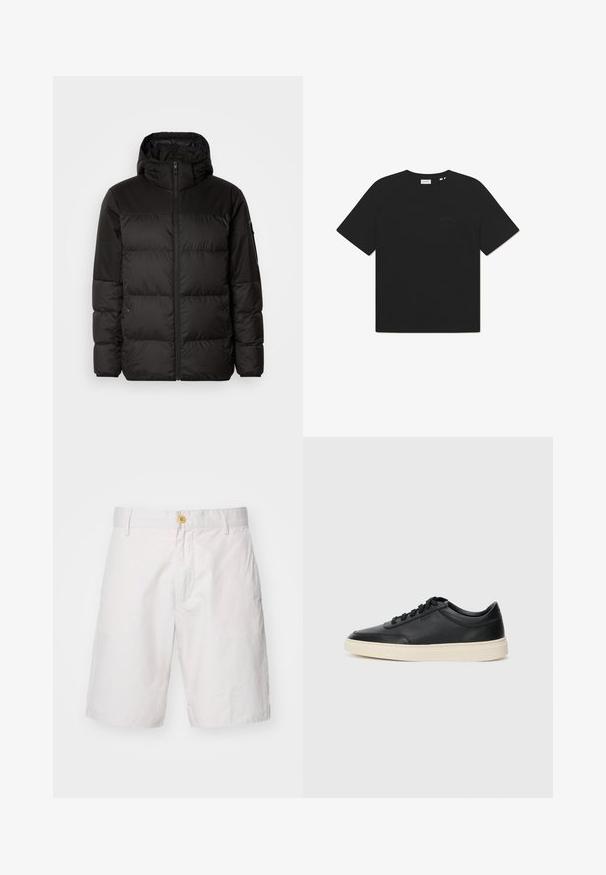 Svart puffjacka med blixtlås, huva, quiltade sektioner och elastiska mudd, tillverkad av ett slätt, vattentåligt material.; Svart bomullströja med rund hals och korta ärmar. Har en subtil textlogo på framsidan. Mjuk textur och avslappnad passform.; Herrens vita shorts tillverkade av lättviktigt material. Har en knappstängning, två sidofickor och en avslappnad passform med rak skärning.; Svart låg skor i läder med svarta snören och off-white sula, visas i sidoprofil på vit bakgrund.