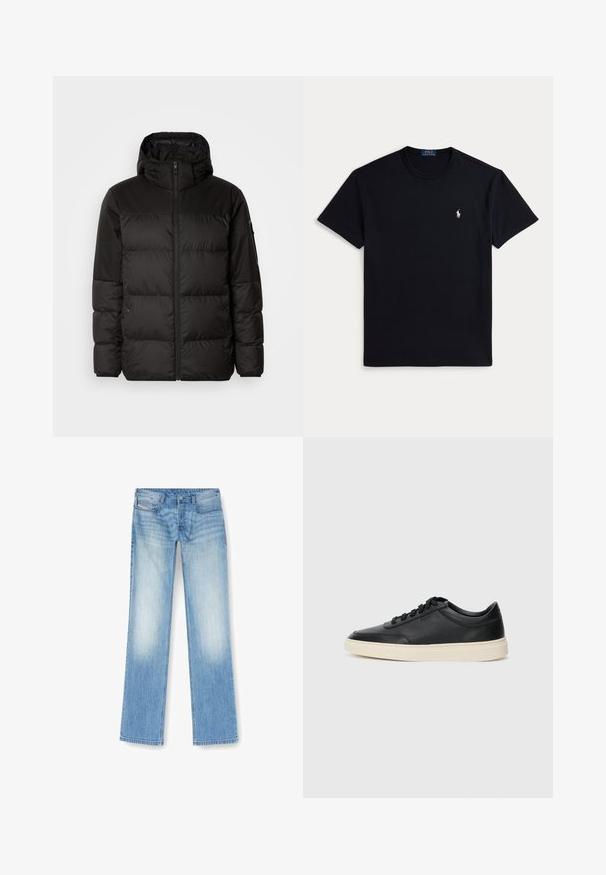 Černá péřová bunda má zipový uzávěr, kapuci, prošívané části a elastické manžety, vyrobená z hladkého, voděodolného materiálu.; Černé bavlněné tričko s kulatým výstřihem, krátkými rukávy a malým vyšívaným logem na levé straně hrudi. Hladká textura.; Světle modré rovné džíny vyrobené z denimu, s bledým povrchem, pětimístným designem a viditelnými švy podél švů.; Černé kožené nízké tenisky s černými tkaničkami a slonovinovou podešví, zobrazené v bočním profilu na bílém pozadí.