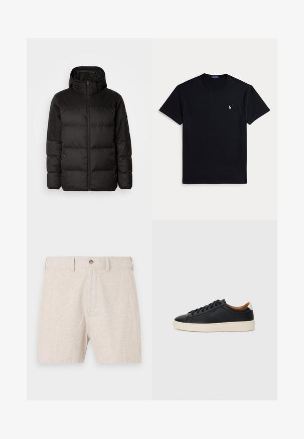 Black puffer jacket features a zip closure, a hood, quilted sections, and elastic cuffs, made from a smooth, water-resistant material.; Black cotton t-shirt featuring a crew neckline, short sleeves, and a small embroidered logo on the left chest. Smooth texture.; Linen shorts in light beige, featuring a button closure and a classic cut with subtle texture. No pockets visible in the design.; Black leather sneakers with a smooth texture, beige rubber sole, lace-up design, and a contrasting heel accent.