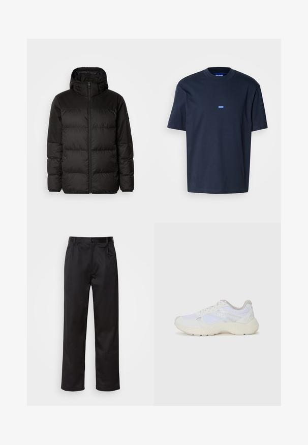 A jaqueta puffer preta apresenta um fecho zip, um capuz, secções acolchoadas e punhos elásticos, confeccionada em um material liso e resistente à água.; T-shirt de algodão azul-marinho com gola redonda, mangas curtas e um pequeno logotipo azul no peito. Textura suave, corte descontraído.; Calças pretas feitas de um tecido suave, com fecho frontal por botão, pregas e pernas retas. Sem padrões ou acentos visíveis.; Ténis brancos desportivos feitos de malha e camurça, com uma entressola texturizada, elementos texturizados e o logótipo "HUGO" na lateral.