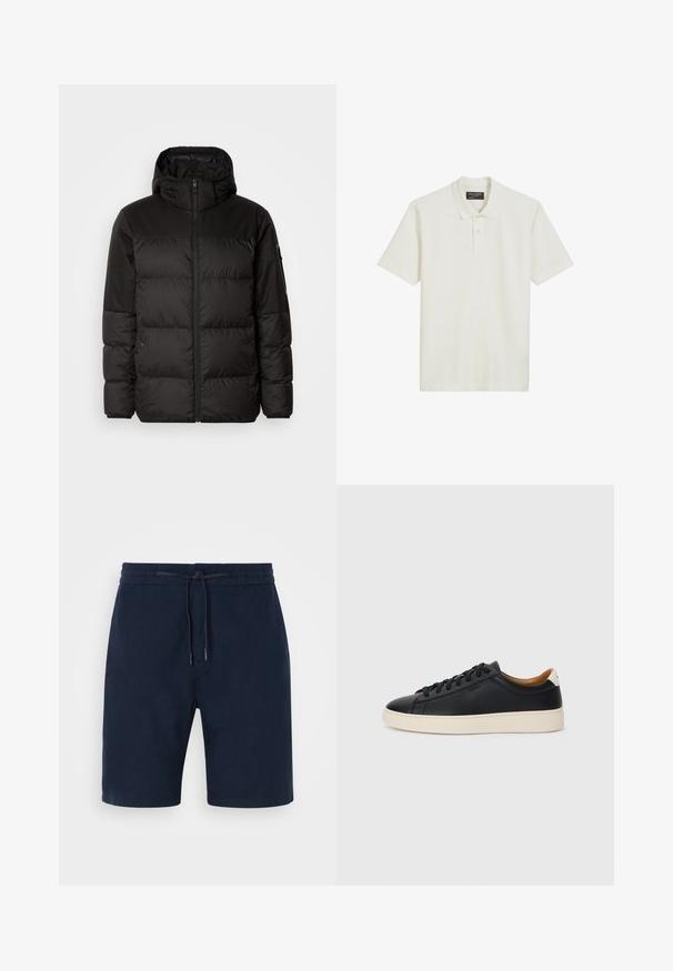 Zwarte pufferjas met ritsluiting, een capuchon, gequiltte secties en elastische manchetten, gemaakt van een glad, waterafstotend materiaal.; Witte polo shirt van textuurstof, met een klassieke kraag, een knoopsluiting met drie knopen en korte mouwen.; Navy blauwe shorts van zachte stof, met een elastische tailleband met een trekkoord, zijzakken en rechte pijpen.; Zwarte leren sneakers met een gladde textuur, beige rubberen zool, vetersluiting en een contrasterende hielaccent.