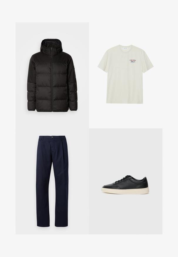 Črna zimska jakna ima zadrgo, kapuco, prešite odseke in elastične manšete, izdelana je iz gladkega, vodoodpornega materiala.; Svetlo smetanasta bombažna majica s kratkimi rokavi. Ima majhen modro-rdeč grafični prikaz marlina in napis "MARLIN TROPHY".; Mornarsko modri hlače iz tkanine z gladko teksturo, s ravnimi nogami, gumbom za zapiranje in enim sprednjim plišem.; Črne nizke usnjene teniske s črnimi vezalkami in svetlo belo podplatom, prikazane v stranskem profilu na beli podlagi.