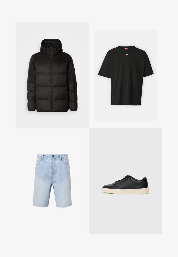 Musta puhvijakku sisältää vetoketjun, hupun, tilkuista koostuvia osioita ja joustavat hihansuut. Se on valmistettu sileästä, vedenpitävästä materiaalista.; Mustat lyhyet hihaiset T-paita, valmistettu puuvillasta, jossa on pyöreä pääntie ja pieni punainen logo rinnassa. Yksinkertainen muotoilu ja suora leikkaus.; Vaaleansiniset farkkushortsit, joissa on normaali istuvuus, viisi taskua ja napitus. Ominaisuudet sisältävät hillittyä kulumista ja ommellun helman.; Musta matalavartinen nahkastretchu, jossa on mustat nauhat ja vaaleanharmaa pohja, esitetty sivuprofiilissa valkoista taustaa vasten.