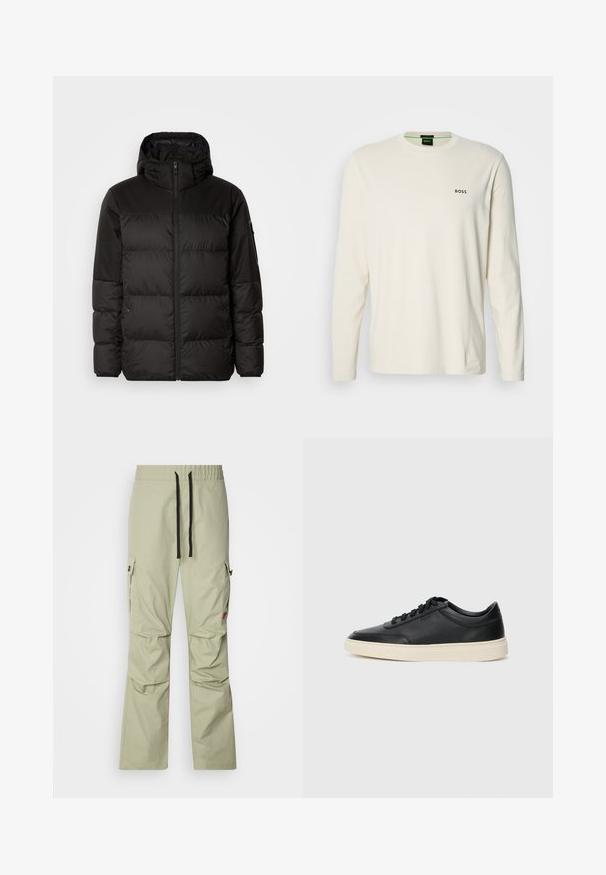 Crna puf jakna ima zatvaranje na zip, kapuljaču, kviltane dijelove i elastične manžete, izrađena je od glatkog, vodootpornog materijala.; Dugih rukava krem majica od pamuka, s okruglim izrezom, koja ima mali crni logo "BOSS" na prsima. Glatka, lagana tkanina.; Svijetlozeleni cargo hlače s opuštenim fitom, elastičnim pojasom, crnom vezicom, dva bočna džepa i suptilnim detaljima šivanja.; Crne niske kožne tenisice s crnim vezicama i kremasto bijelom potplatom prikazane u bočnom profilu na bijeloj pozadini.