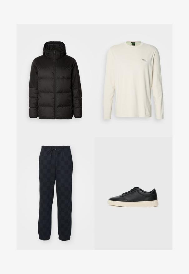 Black puffer jacket features a zip closure, a hood, quilted sections, and elastic cuffs, made from a smooth, water-resistant material.; Long-sleeve cream t-shirt made of cotton, featuring a round neck, with a small black "BOSS" logo on the chest. Smooth, lightweight fabric.; HUGO NORLIRY - Tracksuit bottoms - black; Black low-top leather sneaker with black laces and off-white sole shown in side profile on white background.