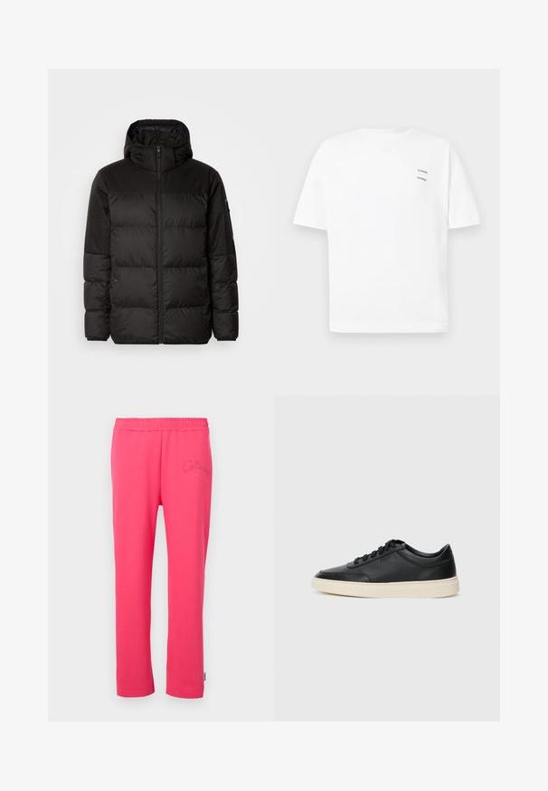 Zwarte pufferjas met ritsluiting, een capuchon, gequiltte secties en elastische manchetten, gemaakt van een glad, waterafstotend materiaal.; Witte katoenen t-shirt met een relaxed fit, korte mouwen en een V-hals. Bevat twee kleine zwarte bedrukte logo's aan de linkerkant.; Roze katoenen loungebroeken met een elastische tailleband en geborduurd logo-detail aan de voorkant. Heeft een rechte pijpdesign.; Zwarte leren sneaker met lage schacht, zwarte veters en off-white zool, weergegeven in zijprofiel op een witte achtergrond.