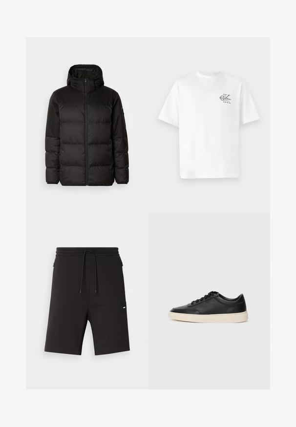 Μαύρο μπουφάν με φερμουάρ, κουκούλα, παραγεμισμένα τμήματα και ελαστικές μανσέτες, κατασκευασμένο από λείο, αδιάβροχο υλικό.; Λευκό βαμβακερό μπλουζάκι με κοντά μανίκια, στρογγυλή λαιμόκοψη, με μαύρο λογότυπο CK στην αριστερή πλευρά του στήθους, κανονική εφαρμογή, απαλό υλικό.; Μαύρες σορτς φτιαγμένες από μαλακό ύφασμα, με ελαστική ζώνη μέσης που διαθέτει κορδόνι, πλαϊνές τσέπες και μια μικρή ετικέτα με λογότυπο στην αριστερή πλευρά.; Μαύρο δερμάτινο σνίκερ χαμηλού προφίλ με μαύρες κορδόνες και ελαφρώς λευκή σόλα, εμφανίζεται σε πλάγια προφίλ σε λευκό φόντο.