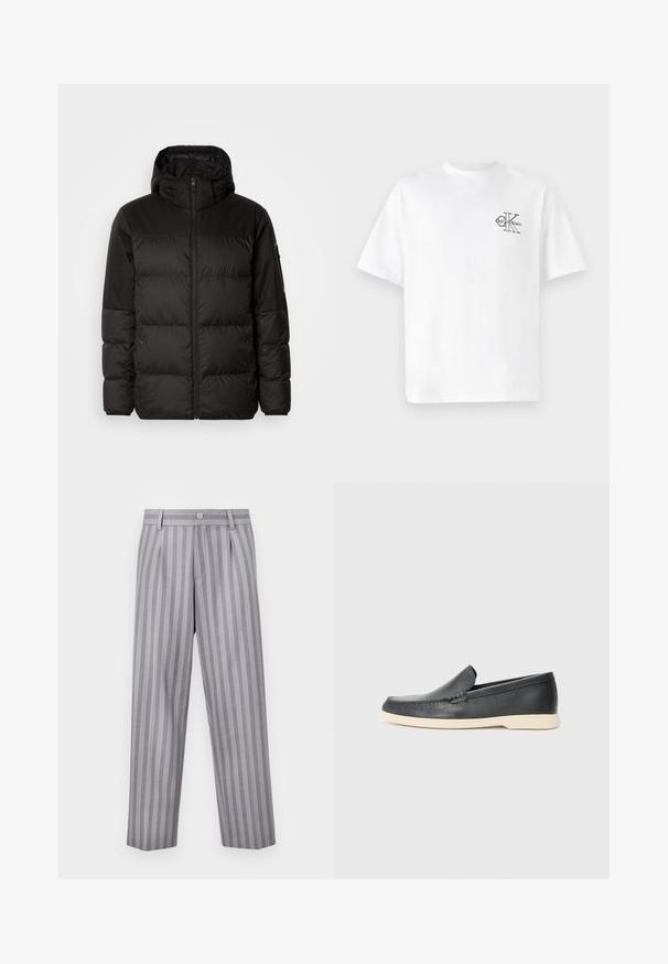 Juodas pūkinis švarkas turi užtrauktuką, gobtuvą, siūlinčius skyrius ir elastinius rankogalius, pagamintas iš lygaus, vandeniui atsparaus medžiagos.; Balta medvilninė marškinėliai su trumpomis rankovėmis, apvalia kaklo iškirpte, kairėje krūtinės pusėje esantis juodas CK logotipas, standartinio kirpimo, lygus paviršius.; Pilkos dryžuotos kelnės su pritaikytu dizainu, turinčios mygtukų užsegimą, klostes ir tiesaus kirpimo siluetą. Medžiaga turi lygią tekstūrą.; Juodi odiniai batus be raištelių, turintys tekstūruotą paviršių ir kontrastingą smėlio spalvos gumos padai. Yra subtilus akcentas priekyje.