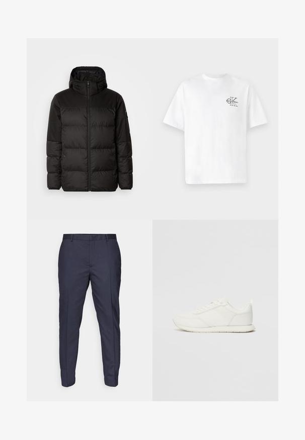Černá péřová bunda má zipový uzávěr, kapuci, prošívané části a elastické manžety, vyrobená z hladkého, voděodolného materiálu.; Bílý bavlněný tričko s krátkým rukávem, kulatým výstřihem, s černým logem CK na levé části hrudníku, standardní střih, hladká textura.; Námorní kalhoty s hladkým povrchem, úzkým střihem a sklady. Obsahují poutka na opasek a zipový uzávěr.; Bílé tenisky s vrchní částí z síťoviny a syntetického materiálu, kulatou špičkou, plochými tkaničkami a texturovaným bočním pruhem. Gumová podrážka s poutkem vzadu.