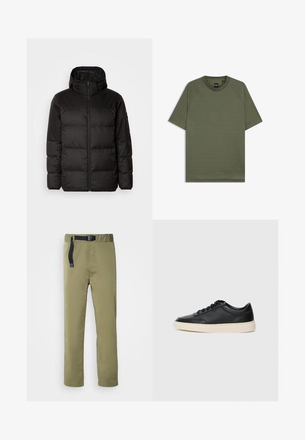 Juodas pūkinis švarkas turi užtrauktuką, gobtuvą, siūlinčius skyrius ir elastinius rankogalius, pagamintas iš lygaus, vandeniui atsparaus medžiagos.; Vienos spalvos alyvuogių žalios trumpomis rankovėmis marškinėliai su apvaliu kaklu ir raglano stiliumi, vidinėje apykaklėje yra mažas juodas "BOSS" etiketė.; Alyvuogių žali, lengvi kelnių su juodu reguliuojamu diržu, tiesaus kirpimo ir subtiliais siuvinėjimo akcentais. Tinka lauko veikloms.; Juoda žema viršutinė odinė sportbačiai su juodais raišteliais ir kreminiu padu, pateikti šoniniame profilyje ant baltos fono.