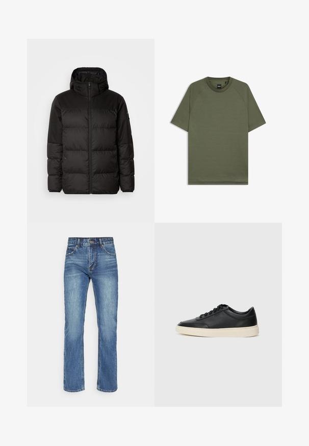 Black puffer jacket features a zip closure, a hood, quilted sections, and elastic cuffs, made from a smooth, water-resistant material.; Plain olive green short-sleeve T-shirt with crew neck and raglan sleeves, featuring a small black "BOSS" label inside the collar.; Blue denim jeans with a straight leg design, featuring a zip fly, button closure, and five-pocket styling, displaying a faded wash.; Black low-top leather sneaker with black laces and off-white sole shown in side profile on white background.