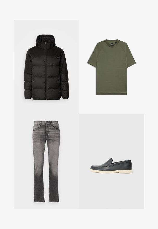 Černá péřová bunda má zipový uzávěr, kapuci, prošívané části a elastické manžety, vyrobená z hladkého, voděodolného materiálu.; Jednoduché olivově zelené tričko s krátkým rukávem, kulatým výstřihem a raglánovými rukávy, s malým černým štítkem "BOSS" uvnitř límce.; Šedé džíny s volným střihem a vybledlým vzhledem, s mírným pasem, designem s pěti kapsami a rovnými nohavicemi. Dokončeno kontrastním prošíváním.; Černé kožené mokasíny na klínku s texturovaným povrchem a kontrastní béžovou gumovou podrážkou. Vyznačují se jemným akcentem podél přední části.