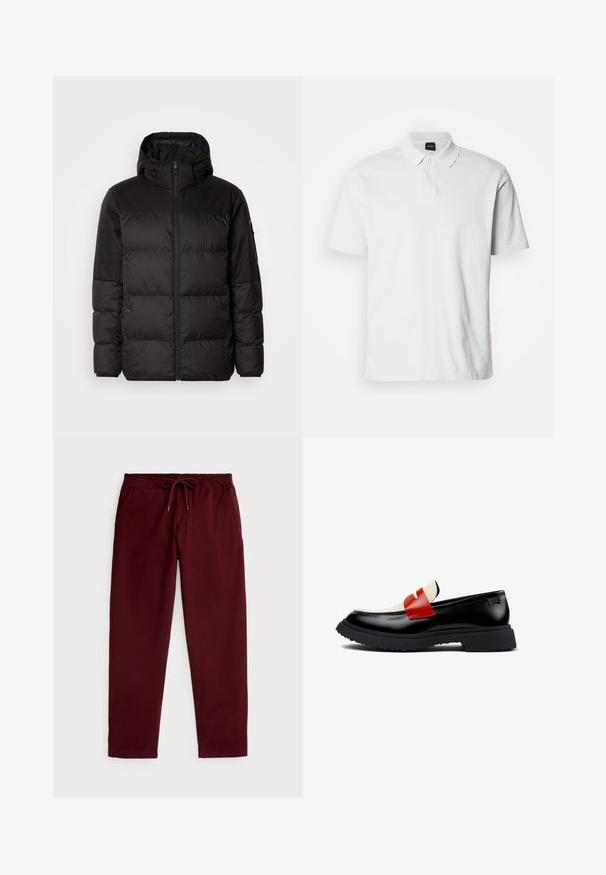 Schwarze Pufferjacke mit Reißverschluss, Kapuze, gesteppten Abschnitten und elastischen Bündchen, hergestellt aus einem glatten, wasserabweisenden Material.; Weißes Poloshirt aus Baumwolle, mit klassischem Kragen, zwei Knöpfen und dezentem Markenlogo auf der Vorderseite gestickt. Kurze Ärmel.; Polo Ralph Lauren POLO PREPSTER STRETCH CLASSIC FIT PANT - Stoffhose - rich ruby; Schwarze Lederloafer mit einem weißen und roten Riemen, Gummilaufsohle und kontrastierenden Nähten. Elegantes Design mit flachem Absatz.