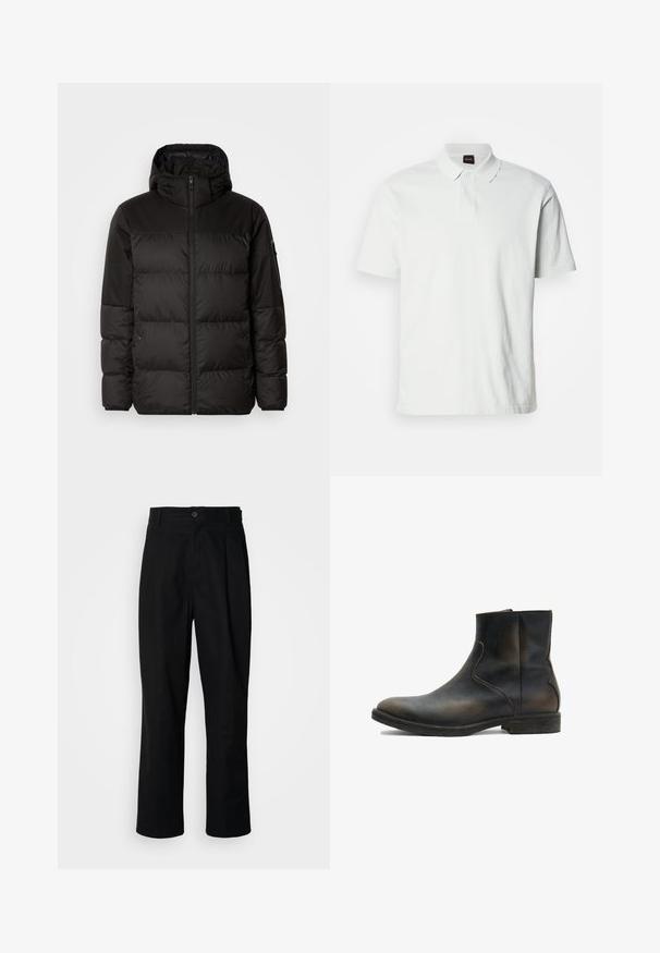 Musta puhvijakku sisältää vetoketjun, hupun, tilkuista koostuvia osioita ja joustavat hihansuut. Se on valmistettu sileästä, vedenpitävästä materiaalista.; Valkoinen poolopaita, joka on valmistettu puuvillasta. Paidassa on klassinen kaulus, kaksi nappia ja etuosassa hillitty brändilogo brodeerattuna. Lyhyet hihat.; Mustat suorat housut napillisella vyötäröllä, vyölenkeillä ja etukaanneksilla, esitelty vaaleaa taustaa vasten.; AllSaints LANG - Klassiset nilkkurit - brown