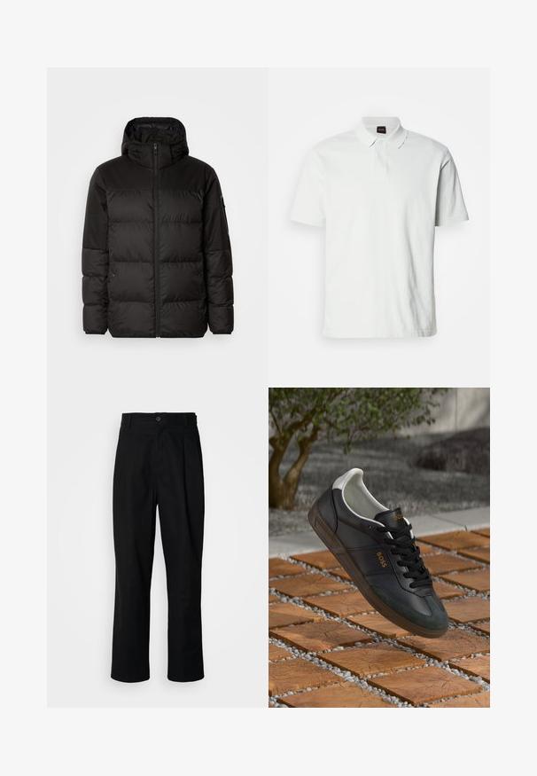 Black puffer jacket features a zip closure, a hood, quilted sections, and elastic cuffs, made from a smooth, water-resistant material.; White polo shirt made of cotton, featuring a classic collar, two buttons, and subtle brand logo stitched on the front. Short sleeves.; Black straight-leg trousers with a buttoned waistband, belt loops, and front crease, displayed against a plain white background.; Black leather sneaker with white accents, lace-up design, olive green suede toe, and gold "BOSS" logo. Positioned above wooden tiles with pebbles.