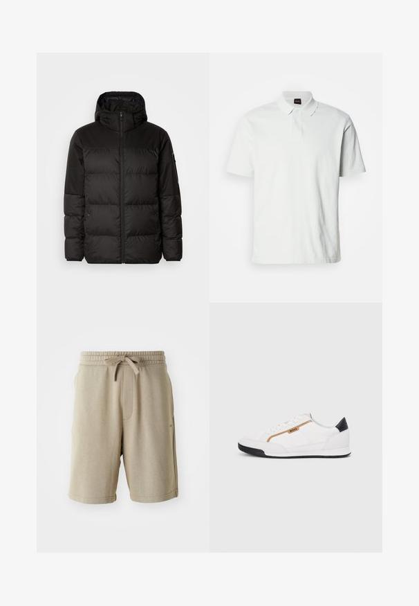 Crna puf jakna ima zatvaranje na zip, kapuljaču, kviltane dijelove i elastične manžete, izrađena je od glatkog, vodootpornog materijala.; Bijela polo majica od pamuka, s klasičnom kragnom, dva dugmeta i suptilnom brand logom ušivenim na prednjoj strani. Kratki rukavi.; Bež kratke hlače s mekom teksturom, elastičnim pojasom, vezicom i bočnim džepovima. Dužine do sredine bedara i s minimalnim brendingom na rubu.; Bijele atletske tenisice s mrežastim i kožnim detaljima. Imaju zlatni "BOSS" logo, teksturirane bočne panele i crnu kapicu na peti. Gumeni potplat.