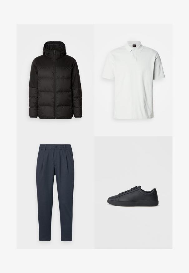 La doudoune noire est dotée d'une fermeture éclair, d'une capuche, de sections matelassées et de poignets élastiques, fabriquée à partir d'un matériau lisse et résistant à l'eau.; Polo shirt blanc en coton, avec un col classique, deux boutons et un logo de marque subtly brodé sur le devant. Manches courtes.; Pantalons bleu foncé en tissu texturé, avec une coupe plate à l'avant et un design de jambe fuselée. Dispose d'une fermeture à bouton et de poches latérales.; Baskets noires en cuir lisse avec un design bas, bout rond et semelle en caoutchouc plate. Elles sont dotées de lacets et d'un branding subtil.