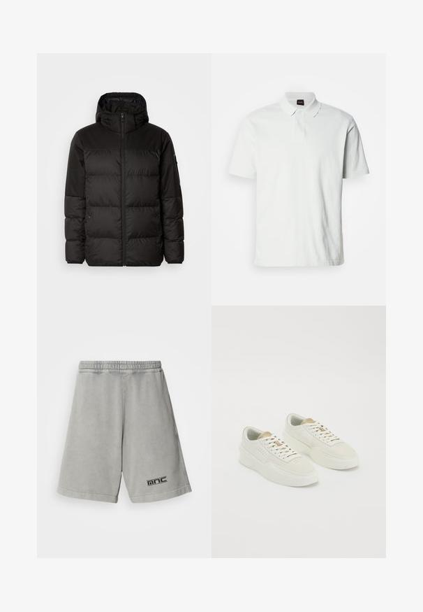 Mustikas puffer-jakk sisaldab tõmblukku, kapuutsi, tikandiga osi ja elastseid mansette, valmistatud siledast veekindlast materjalist.; Valge puuvillane polo särk, millel on klassikaline krae, kaks nuppu ja ees diskreetne brändi logo õmmeldud. Lühikesed varrukad.; Heledad hallhalli puuvillased lühikesed püksid, millel on elastne vöökoht, must logo vasakul alumisel küljel ja sile, ühtlane tekstuur.; Kaks erinevat värvi kergeid madalaid esiletoodud sneekereid, beige aktsentide ja paksude tallatega, valged nöörid neutraalsel valgel taustal.