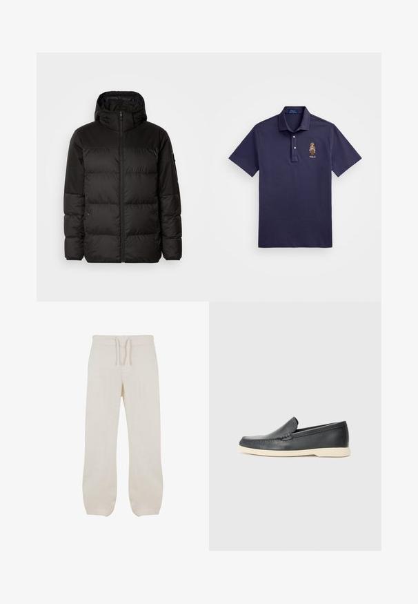 Black puffer jacket features a zip closure, a hood, quilted sections, and elastic cuffs, made from a smooth, water-resistant material.; Polo Ralph Lauren CUSTOM SLIM POLO BEAR MESH POLO SHIRT - Polo shirt - faded blue bear; Light beige linen pants with an elastic waistband and drawstring. Straight leg design with a smooth texture and slight taper at the ankles.; Black leather slip-on loafers with a textured finish and a contrasting beige rubber sole. Features a subtle accent along the front.
