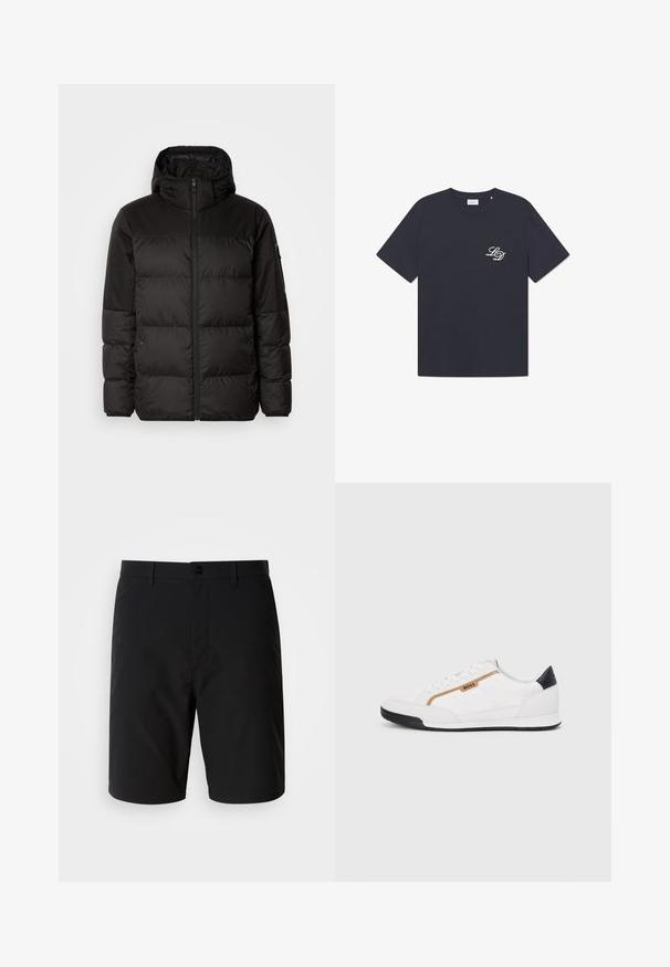 A fekete steppelt dzseki cipzáros záródással, kapucnival, steppelt részekkel és rugalmas mandzsettákkal rendelkezik, sima, vízálló anyagból készült.; Sötétkék pamut póló, kerek nyakkivágással, rövid ujjal, az elülső részen, a bal mellen egy kis fehér "LD" logóval. Klasszikus, dobozos fazon.; Fekete rövidnadrág sima, könnyű anyagból. Gombos záródással rendelkezik, és tiszta, egyenes szabása van, látható minták nélkül.; Fehér sportcipők, hálós és bőr díszítésekkel. Kiemelkedő arany "BOSS" logó, textúrázott oldalpanelekkel és fekete sarokkal. Gumi talp.